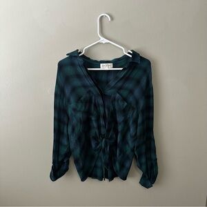Cloth & Stone Plaid Tie-Front Blouse - Dark Green/Blue